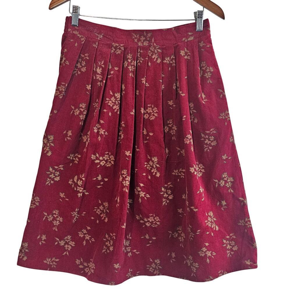 Vintage Karen Scott Corduroy Skirt Womens Lg Red Floral 80s Retro Preppy Cottage